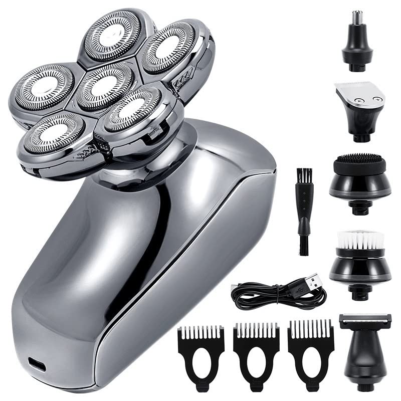 6-in-1 Rechargeable Electric Head Shaver for Bald Men - 6D Floating Heads, Low Noise, Multifunctional Men's Shaver - Perfect for Travel, Home & Gym Use