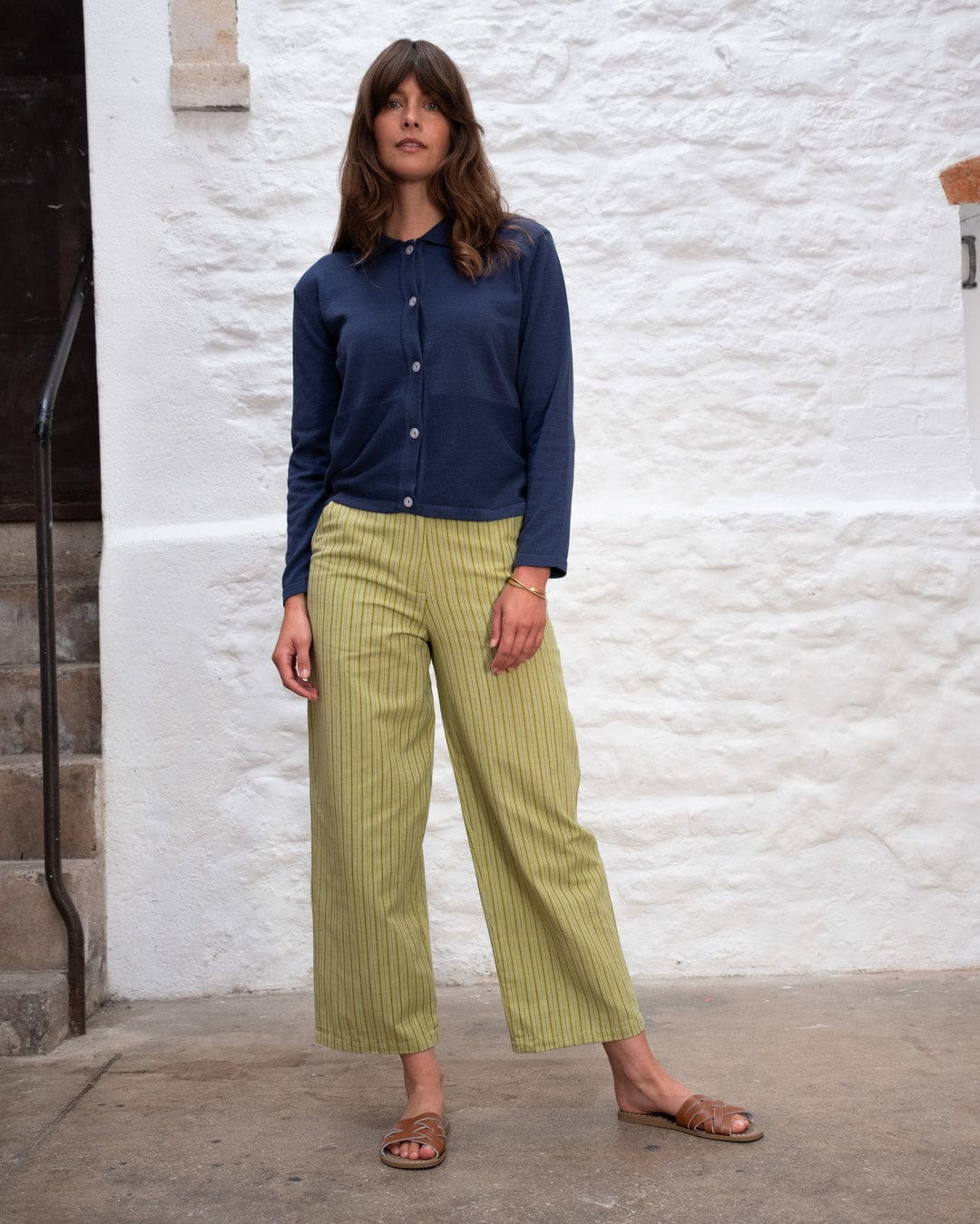 Harper Women's Cotton Linen Wide Leg Pants - Comfortable High Waisted Casual Trousers with Avocado Stripe Design for Summer, Travel & Office Wear