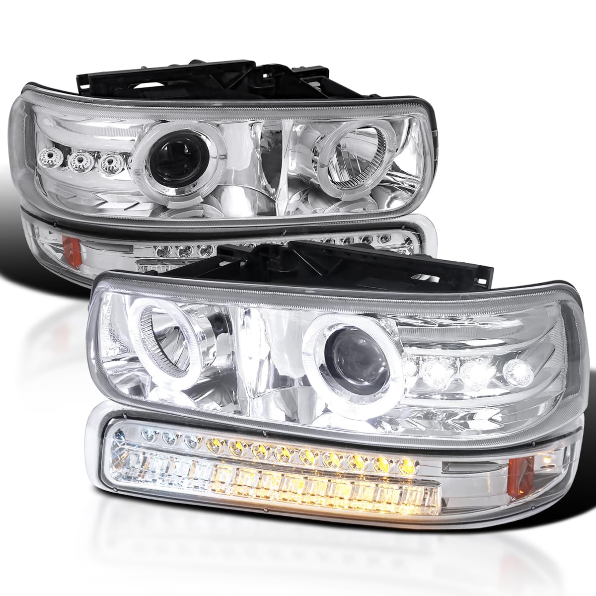 Spec-D Tuning Chrome LED Halo Projector Headlights with LED Bumper Lights - Compatible with 1999-2002 Chevy Silverado 1500/2500/3500 - Left & Right Headlamp Assembly - Upgrade for Night Driving & Off-Road Adventures