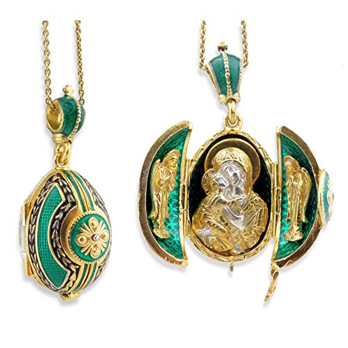 Religious Enamel Silver Faberge Style Egg - Gold Plated Angels & Green Design - Perfect for Easter Gifts, Christmas Decorations & Spiritual Home Decor