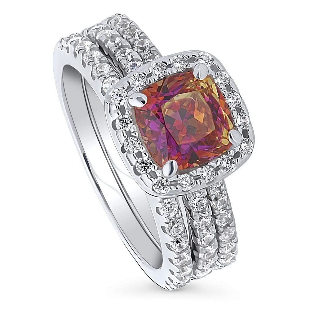 BERRICLE Sterling Silver Halo Wedding & Engagement Ring Set for Women - Red Orange Cushion Cut Cubic Zirconia CZ Kaleidoscope Design, Rhodium Plated, Size 4-10 | Perfect for Proposals, Anniversaries & Special Occasions