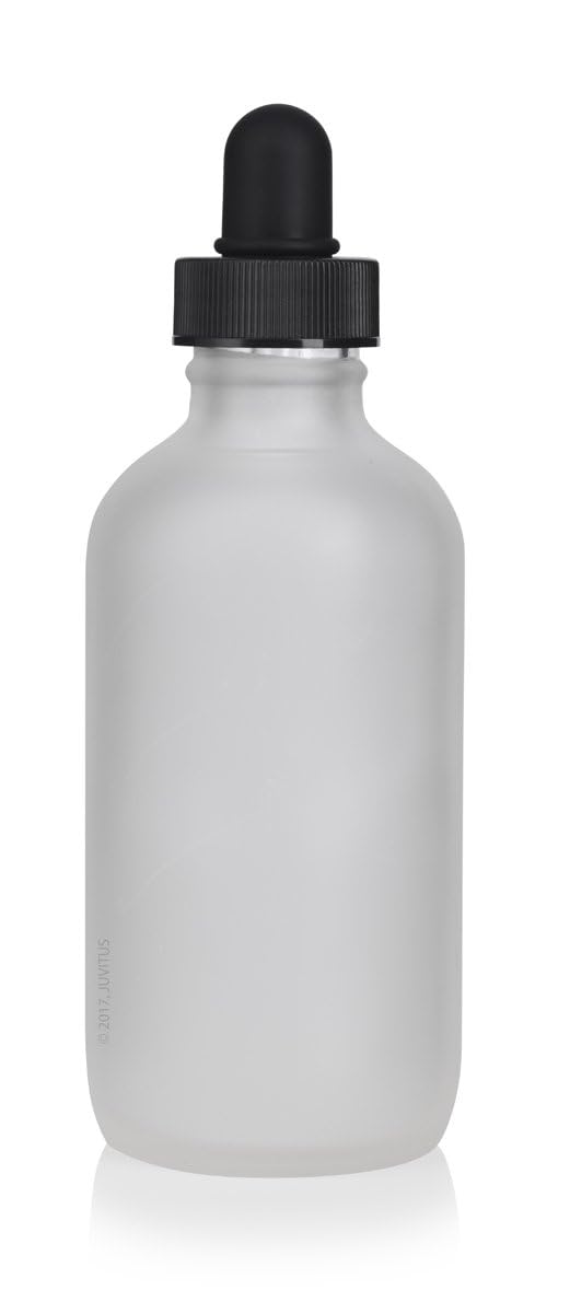 JUVITUS 4 oz Frosted Clear Glass Boston Round Bottle with Black Glass Dropper - 6 Pack Set Includes Funnel for Essential Oils, DIY Beauty Products & Herbal Remedies