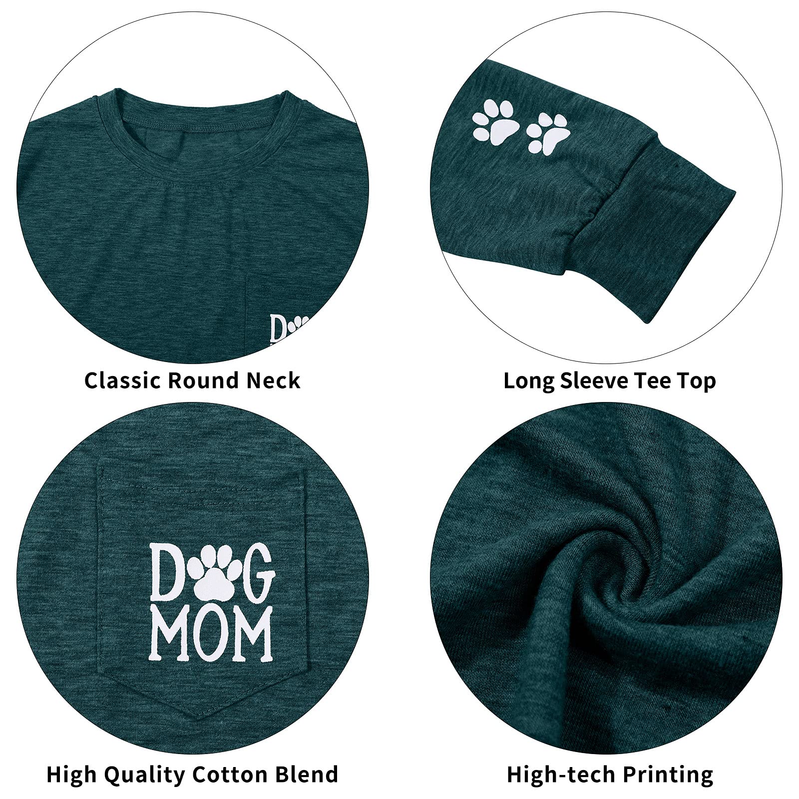 Women's Dog Paw Print Pullover - Cute Dog Mom Graphic Tee with Patch Pocket | Long Sleeve Casual Shirt for Dog Lovers | Perfect for Pet Owners, Dog Walks & Cozy Outings