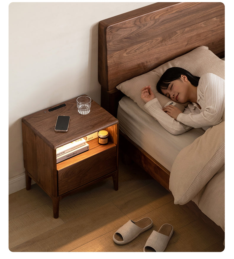 Premium Black Walnut & Ash Solid Wood Nightstand with Built-in Light - Modern Bedside Table for Bedroom Decor & Small Space Storage