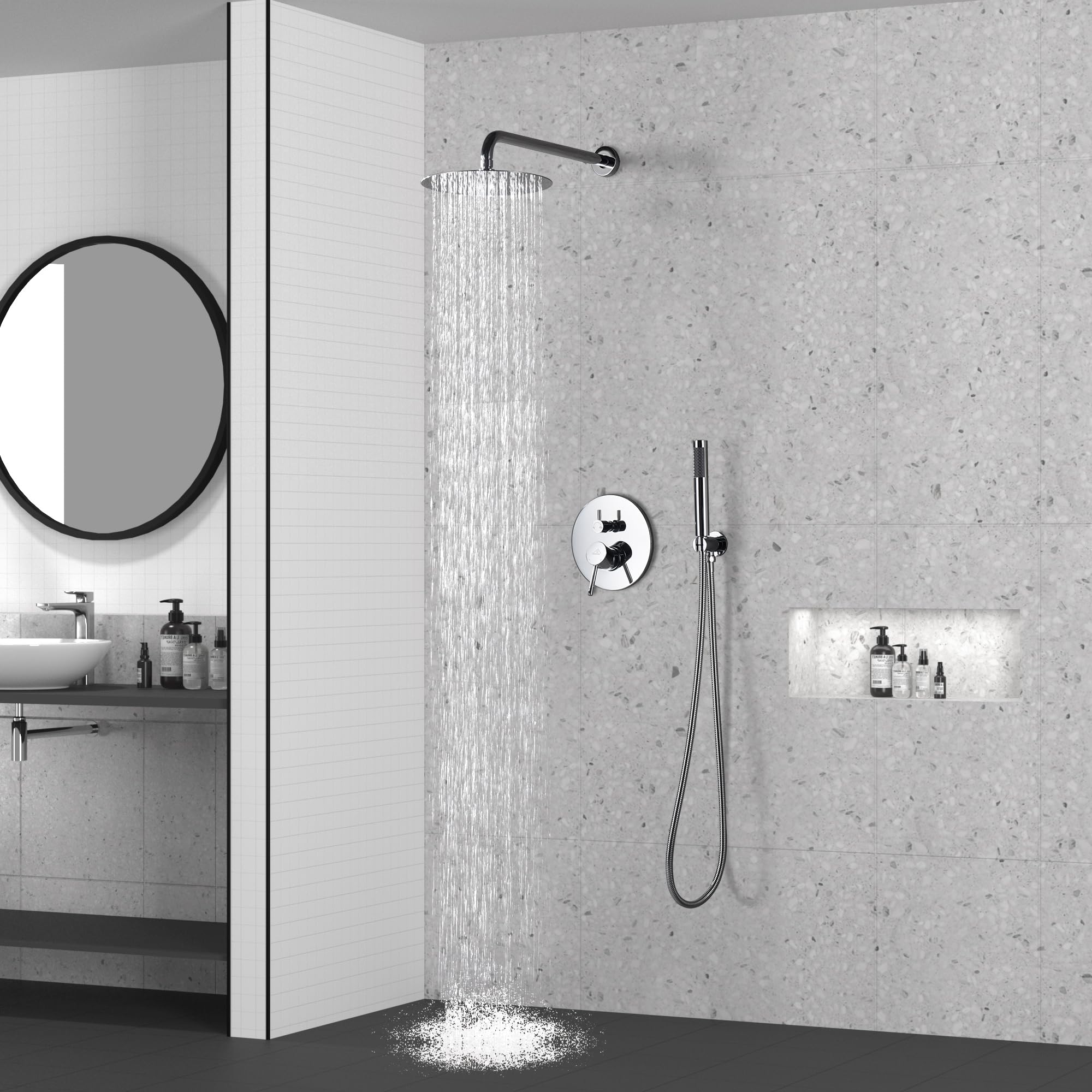 CASAINC 10 Inch Round 2-Function Shower Valve and Trim Kit with Rain Shower Head & Handheld Spray - Wall Mounted Chrome Shower System for Bathroom Renovation and Spa-Like Experience