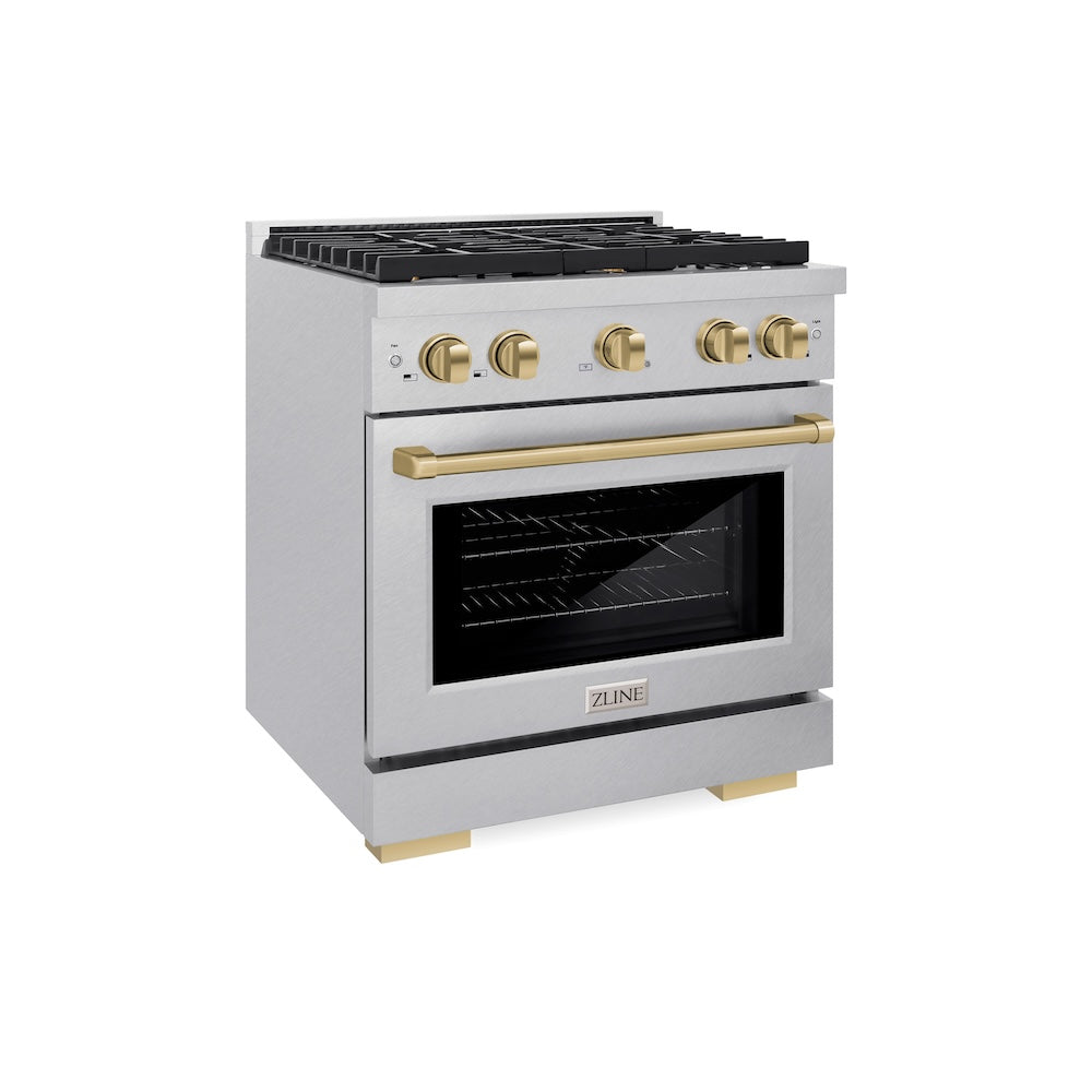 ZLINE Autograph Edition 30-inch 4.2 cu. ft. Paramount Gas Range with 4 Burner Cooktop & Convection Gas Oven - Satin Stainless Steel with Champagne Bronze Accents (SGRSZ 30 CB) - Perfect for Gourmet Cooking & Modern Kitchens