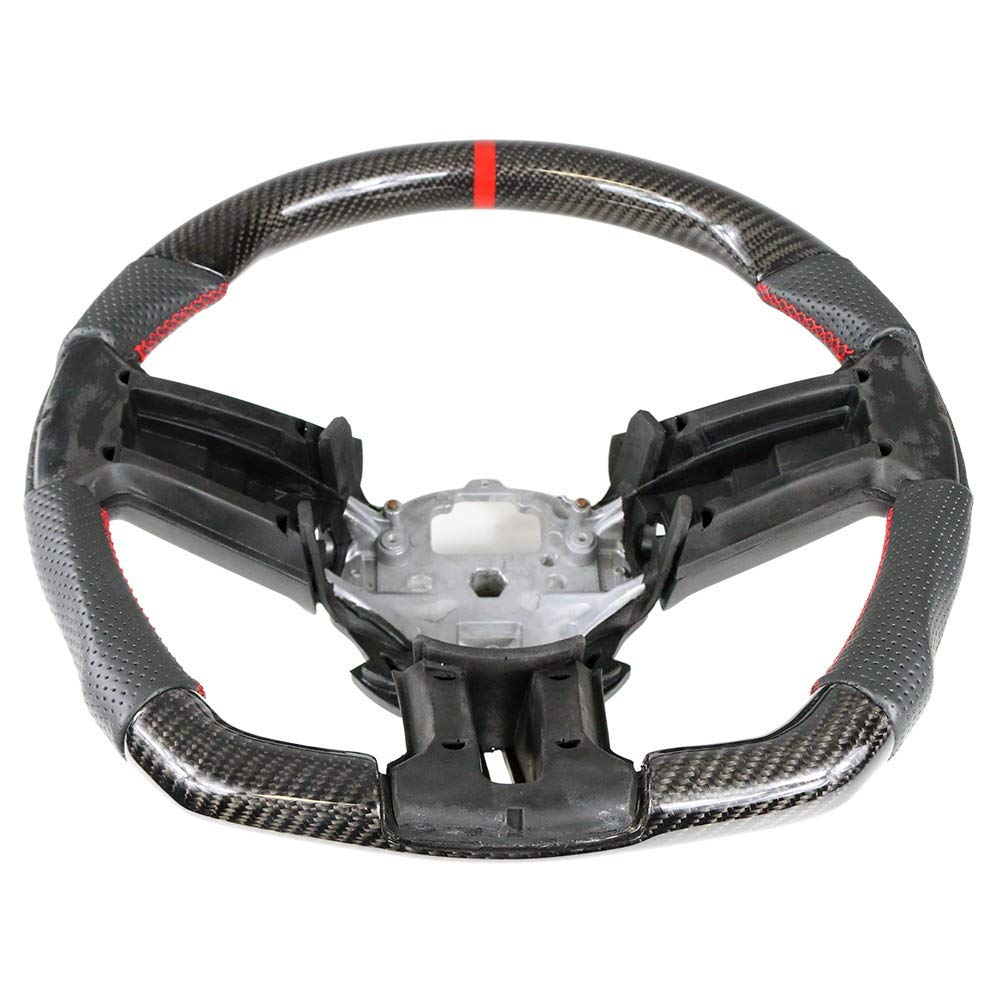 FREEMOTOR802 Carbon Fiber Racing Steering Wheel with Perforated Leather & Red Stitching - Compatible with 2010-2014 Ford Mustang - Red Center Indicator - Perfect for Racing, Track Days & Performance Driving