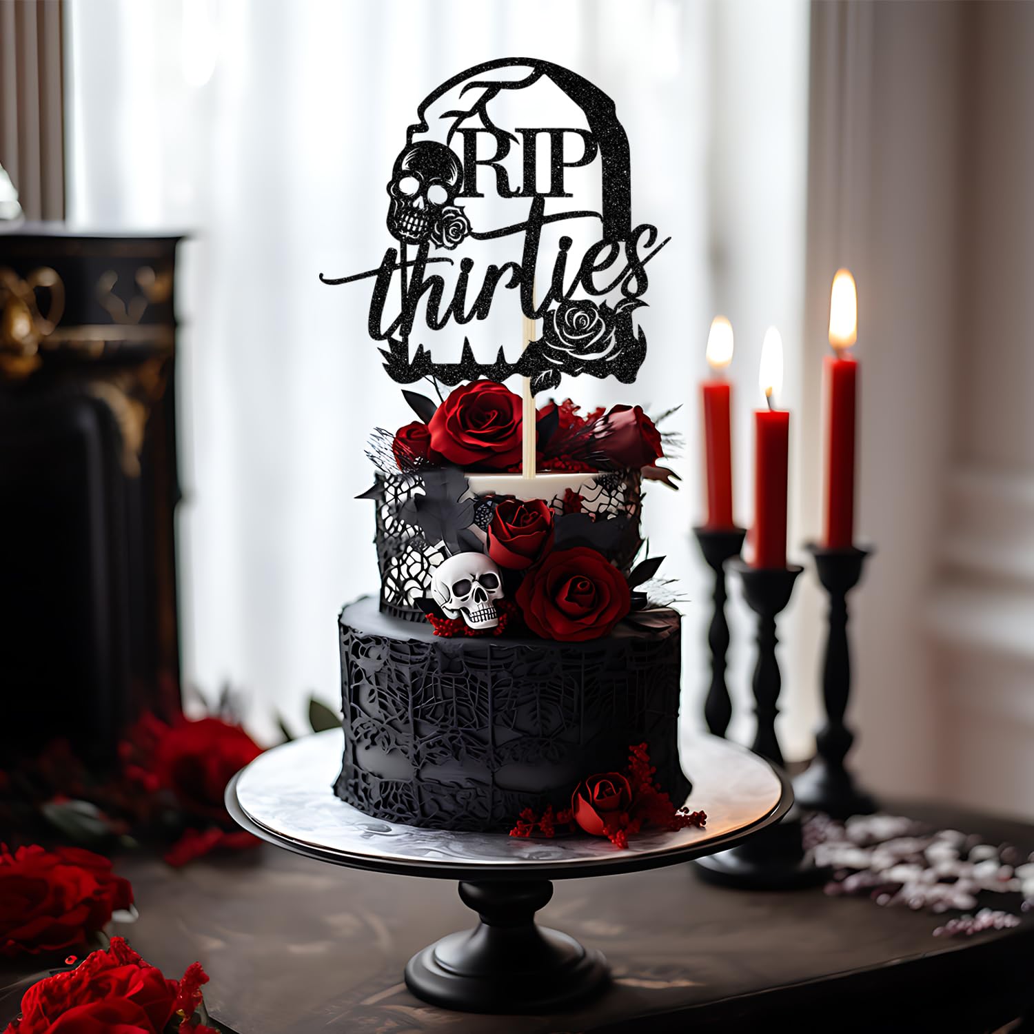 RIP 30s Cake Topper - Death to My Thirties Black Glitter Cake Decor - Funeral Theme 35th & 40th Birthday Party Supplies - Perfect for Dark Humor Celebrations & Milestone Birthday Decorations