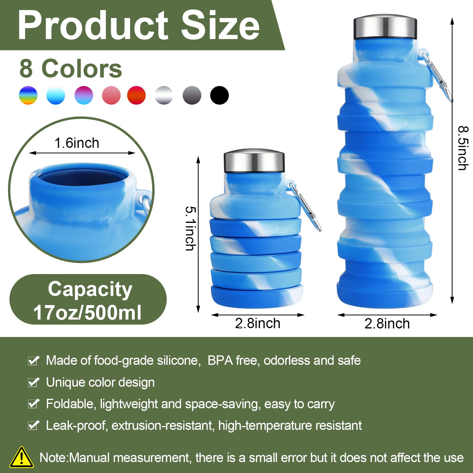 FillTouch 8 Pack Collapsible Water Bottles 17oz (500ml) - BPA Free Silicone Foldable Bottle with Carabiner Clip, Lightweight & Leakproof for Hiking, Camping, Travel and Gym