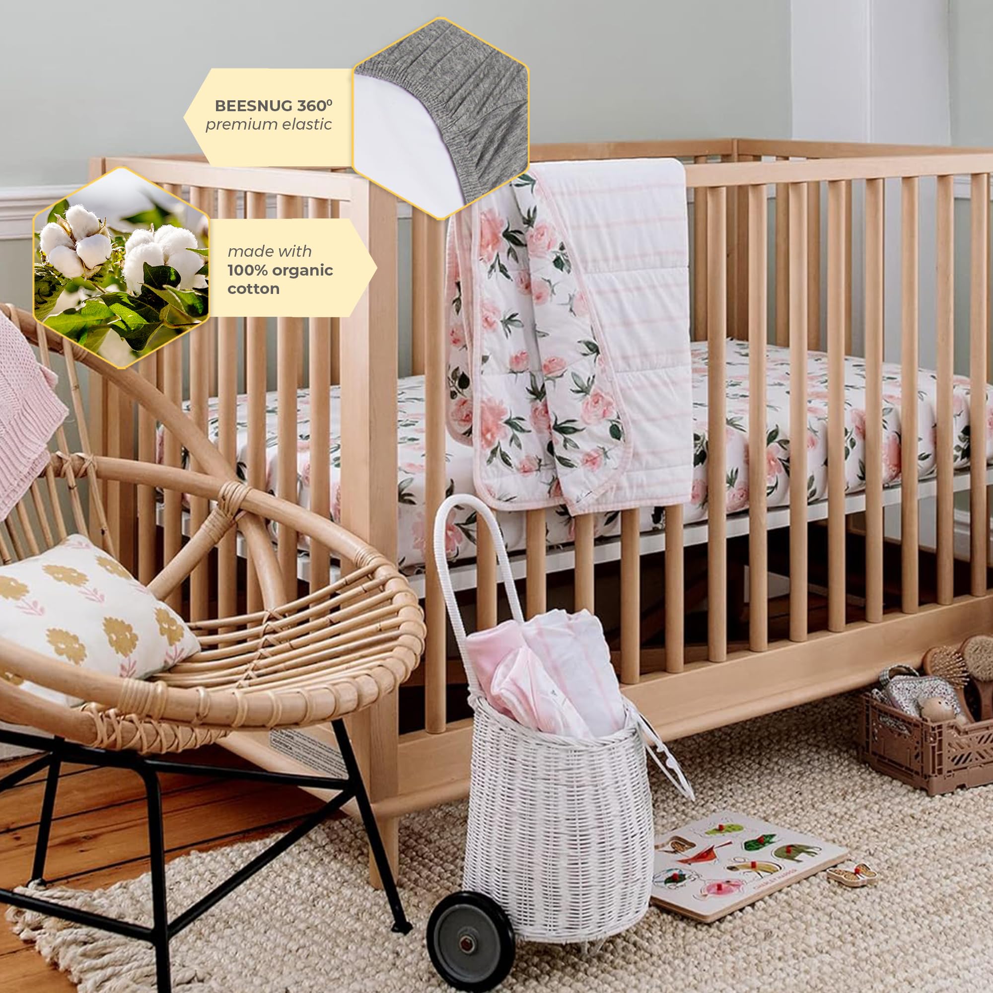 Burt's Bees Baby Organic Cotton Fitted Crib Sheet - 100% Soft Breathable Crib Bedding for Standard Crib & Toddler Mattress - Unisex Nursery Essentials for Boys & Girls - Perfect for Safe Sleep & Nursery Decor