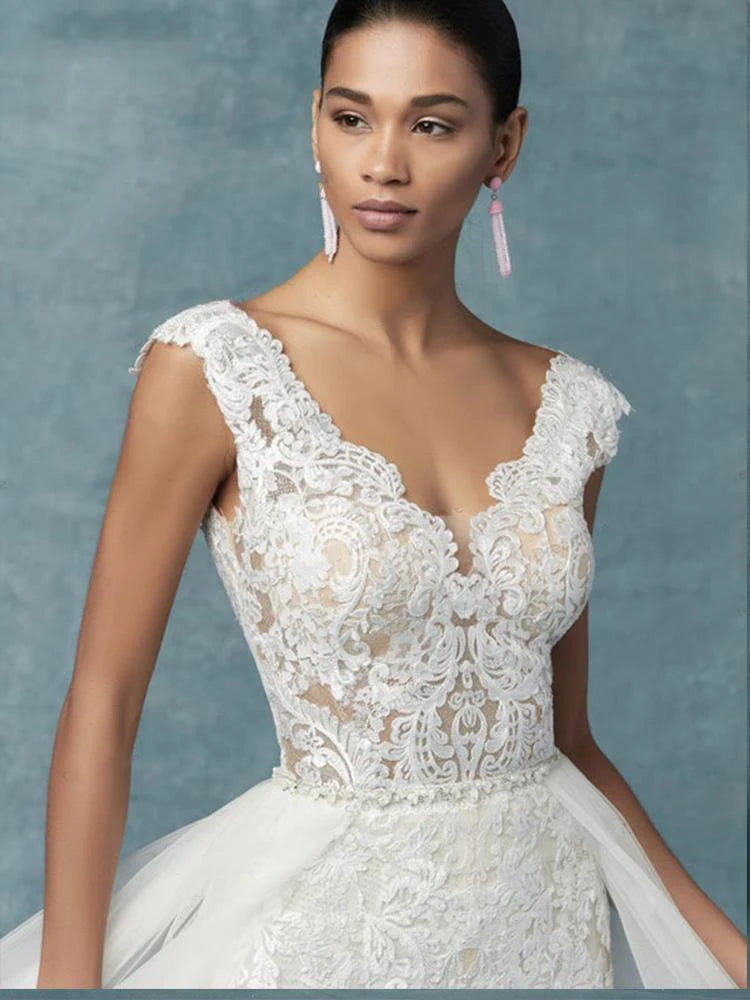 Elegant Lace Jumpsuit Wedding Dress with Detachable Train - Bride Pants Suit for Romantic Ceremony & Reception