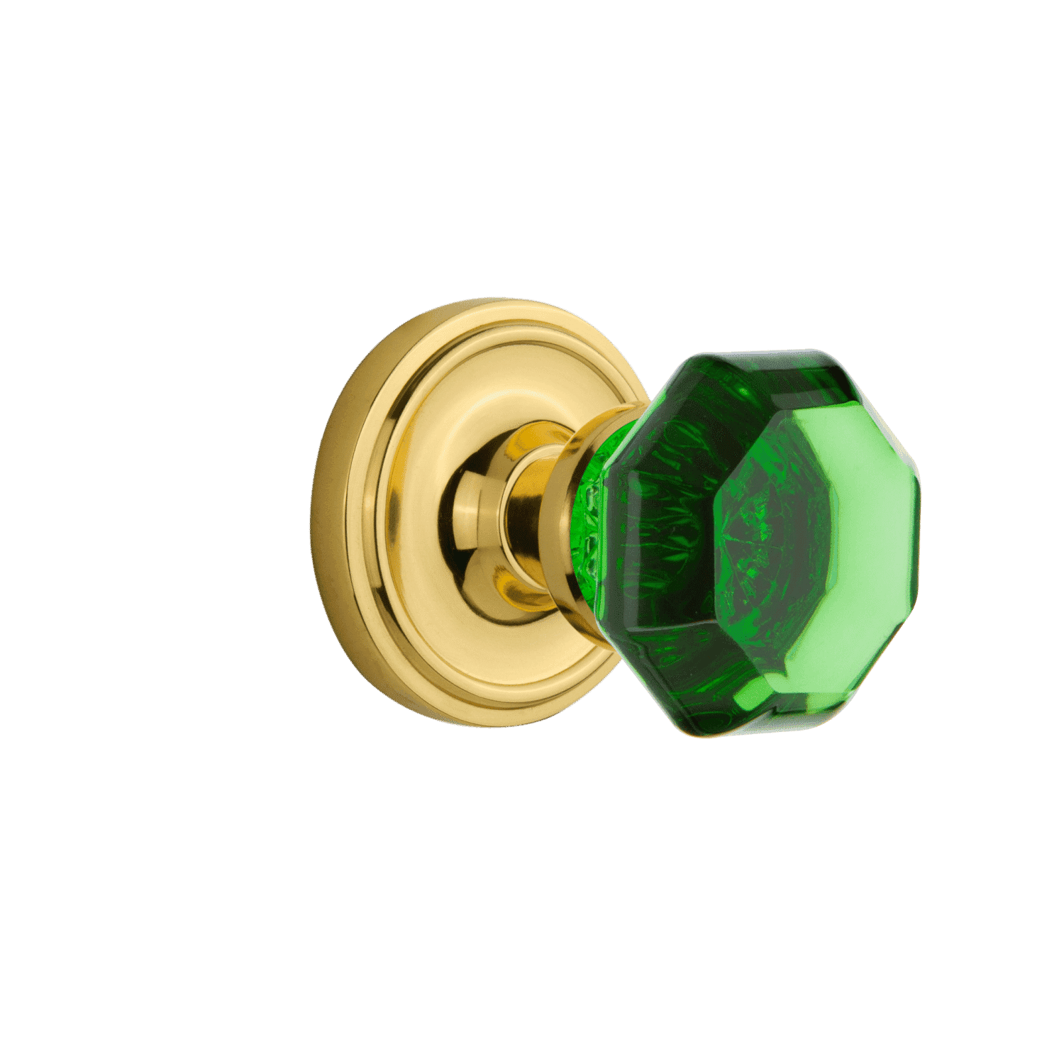 Classic Rosette with Emerald Waldorf Knob in Unlacquered Brass - Vintage Cabinet Hardware for Kitchen & Bathroom Decor