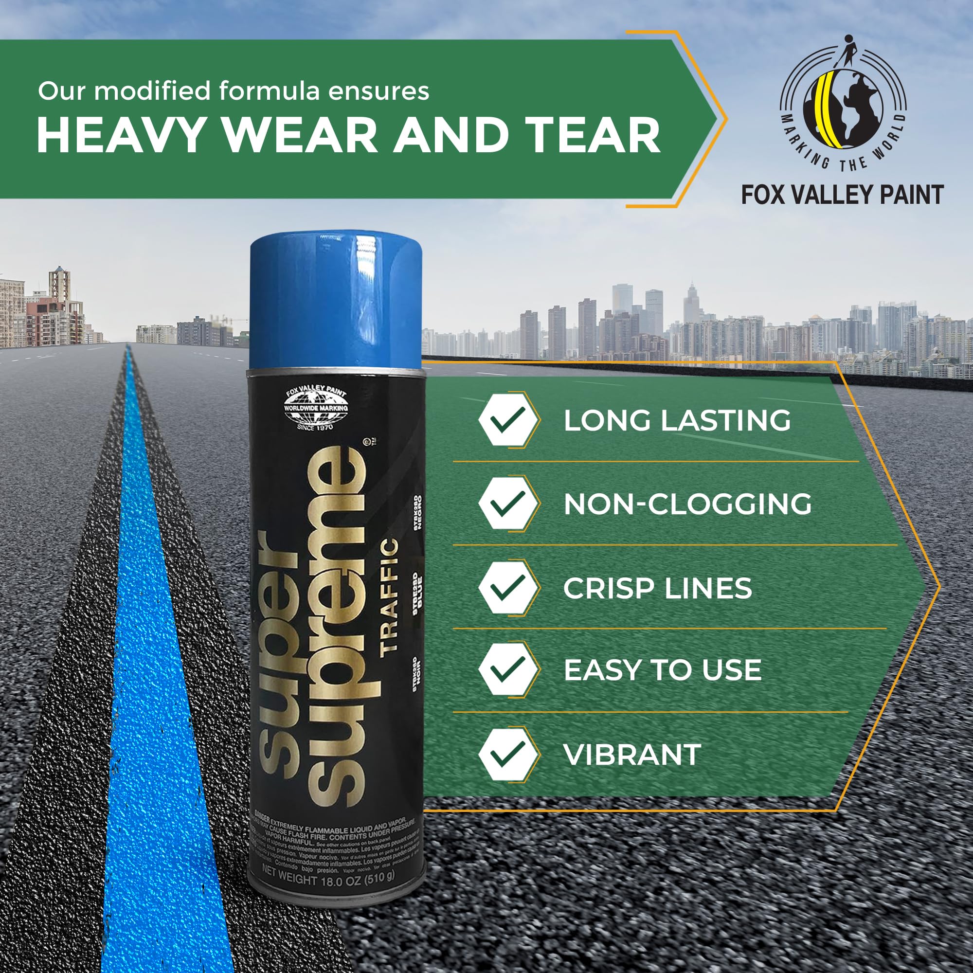 Fox Valley Super Supreme Traffic Spray Paint - 18 oz (Pack of 12), Blue - High-Performance Road Marking Paint for Parking Lots, Sidewalks, Warehouses & Factory Floors - Easy to Use, Durable & Weather-Resistant - Perfect for DIY Projects & Professional Road Maintenance