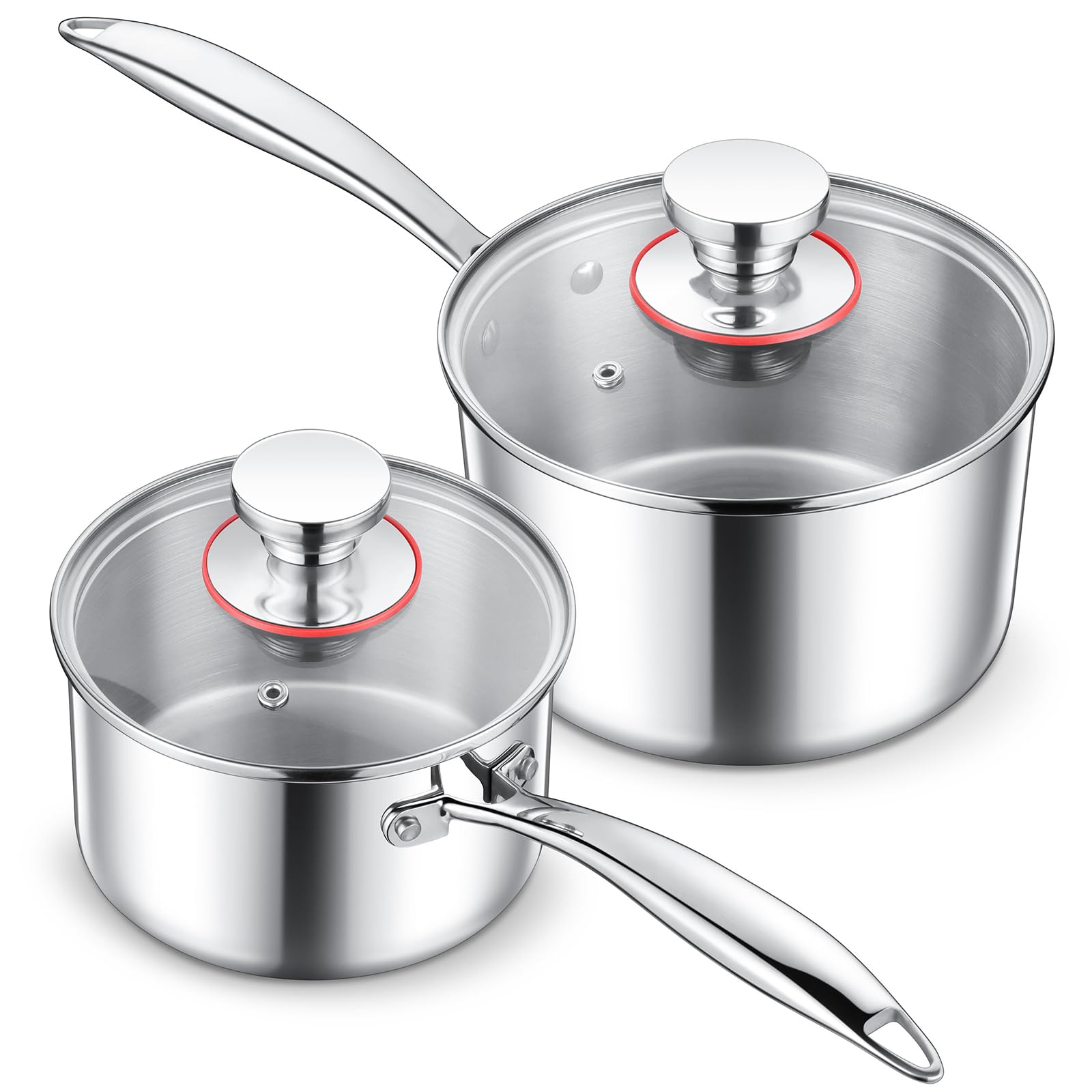 E-far 1Qt & 2Qt Stainless Steel Tri-Ply Saucepan Set with Lid - Induction Ready Heavy Duty Cookware for Pasta, Milk, Soup - Perfect for Small Kitchen & Daily Cooking