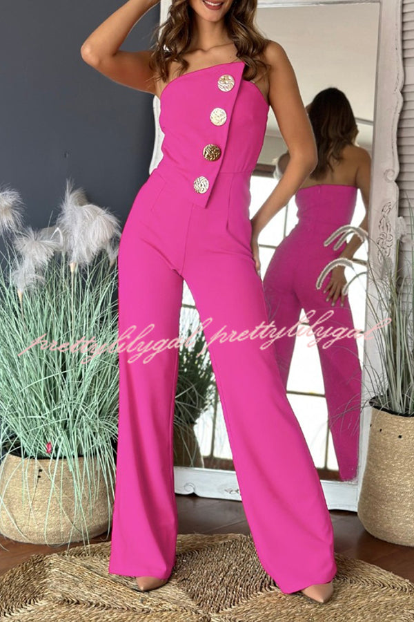 Solid Color Sexy Tube Top Gold Button Embellished Bootcut Jumpsuit for Women | Elegant One-Piece Romper with Metallic Accents | Perfect for Night Out, Party & Special Occasions
