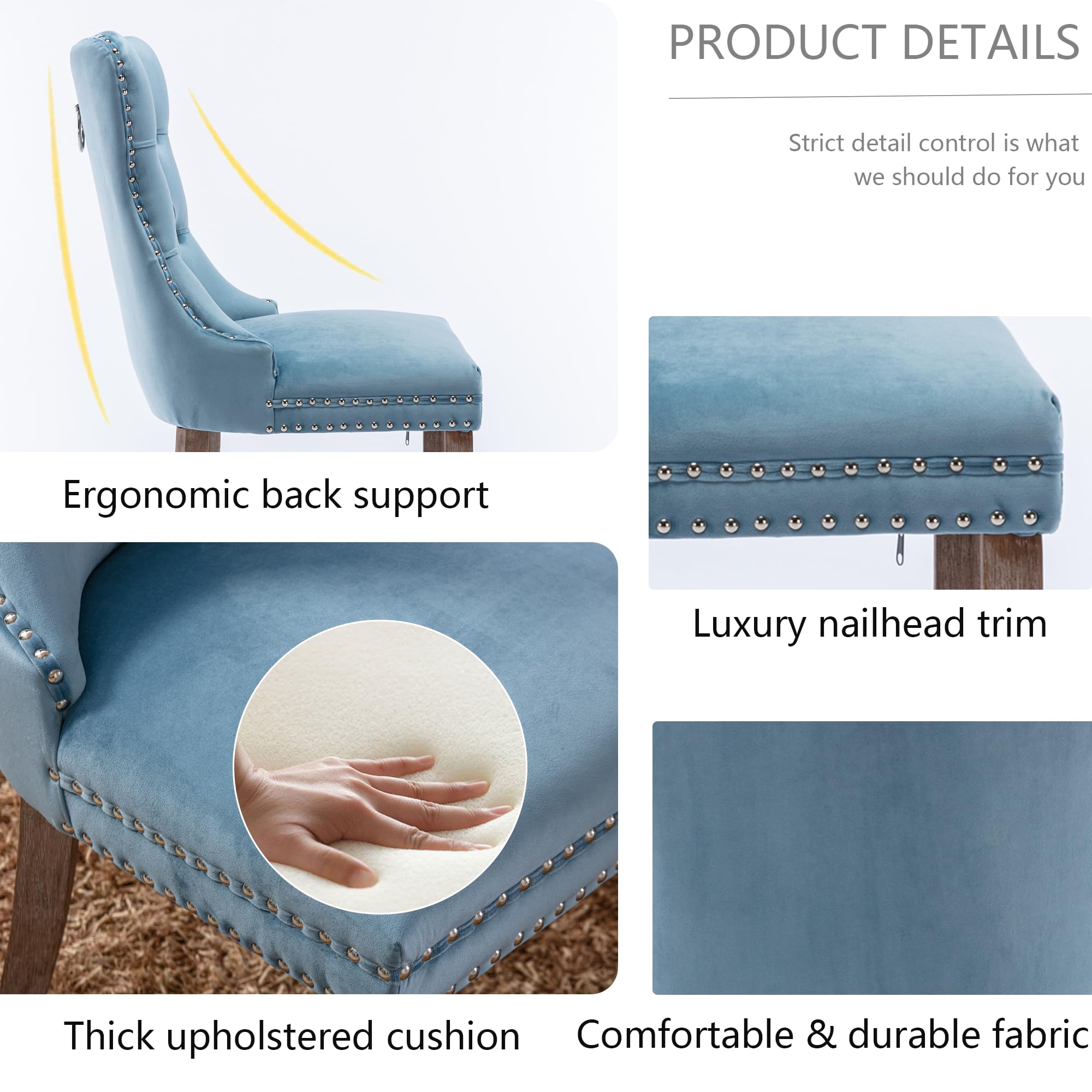 Rhomtree Set of 2 Velvet Dining Chairs - Luxury Tufted Back with Nailhead Trim, Solid Rubber Wood Legs (Light Blue) - Perfect for Kitchen, Dining Room & Home Decor