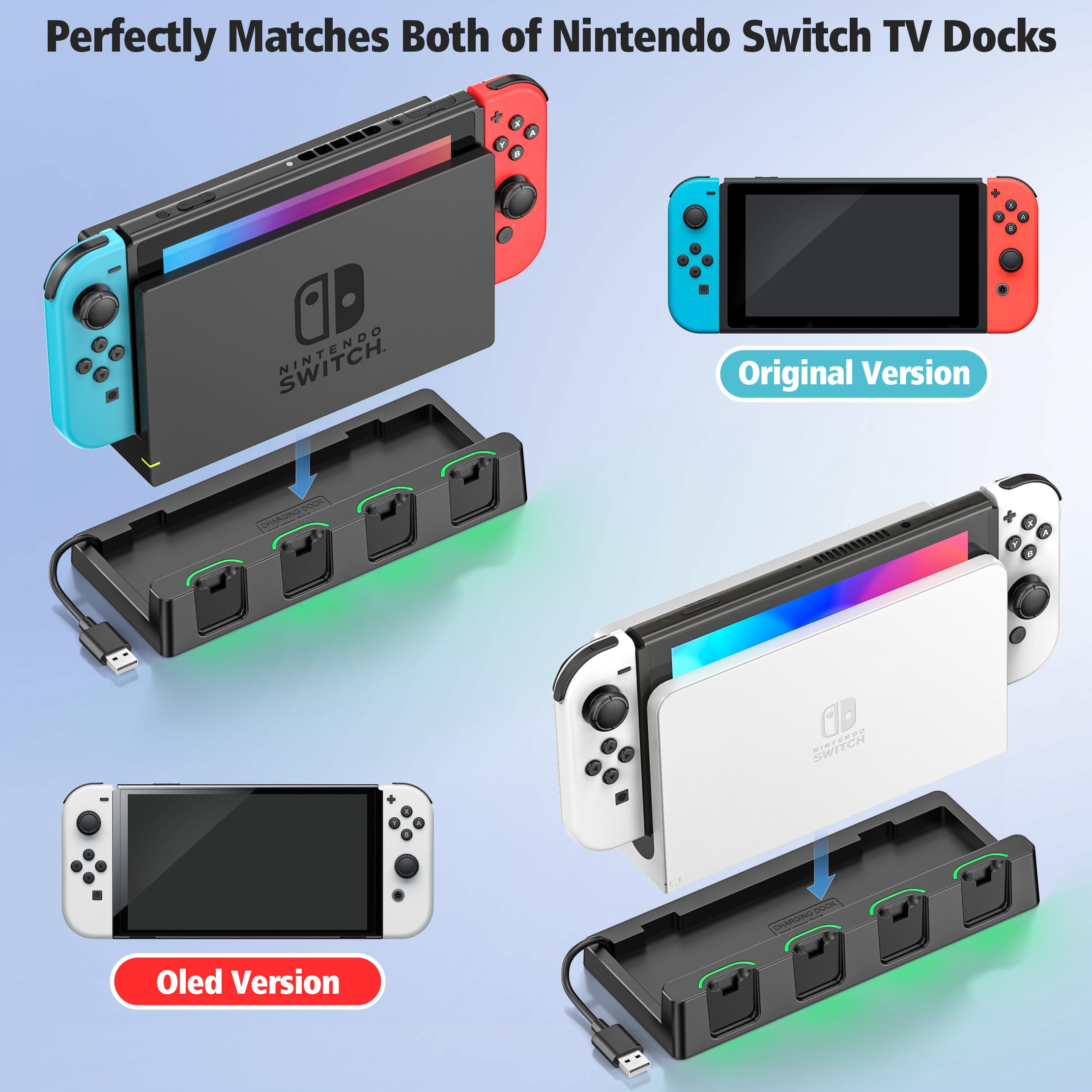 Nintendo Switch & Switch OLED Charging Dock Station with Cable - Joycon Controller Charger for Nintendo Switch - Perfect Gaming Accessories for Home & Travel Use