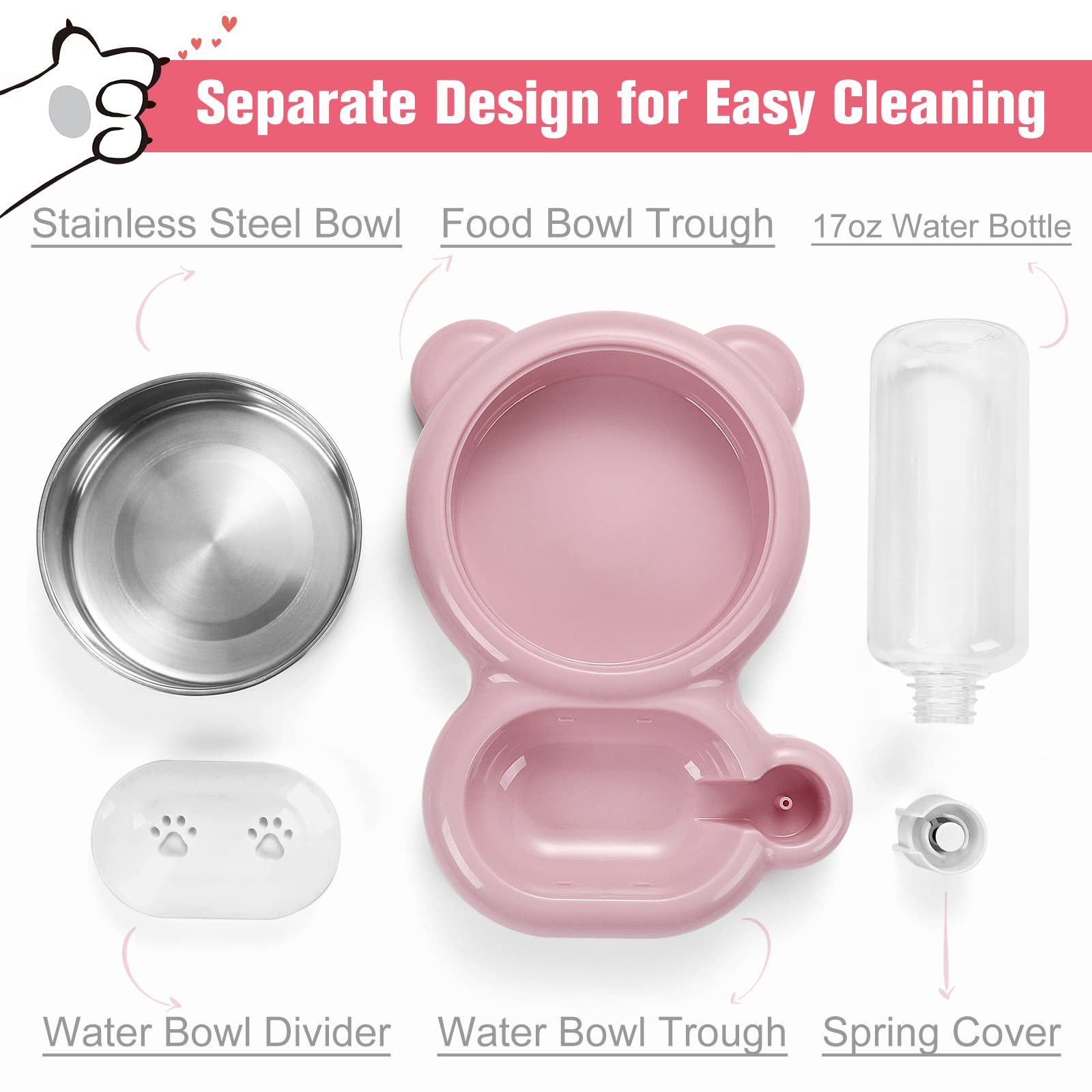 Stainless Steel Cat and Small Dog Bowls Set with Water Dispenser - Non-Slip Pet Food and Water Dishes for Indoor/Outdoor Use - Pink (Perfect for Home, Travel, and Outdoor Adventures)