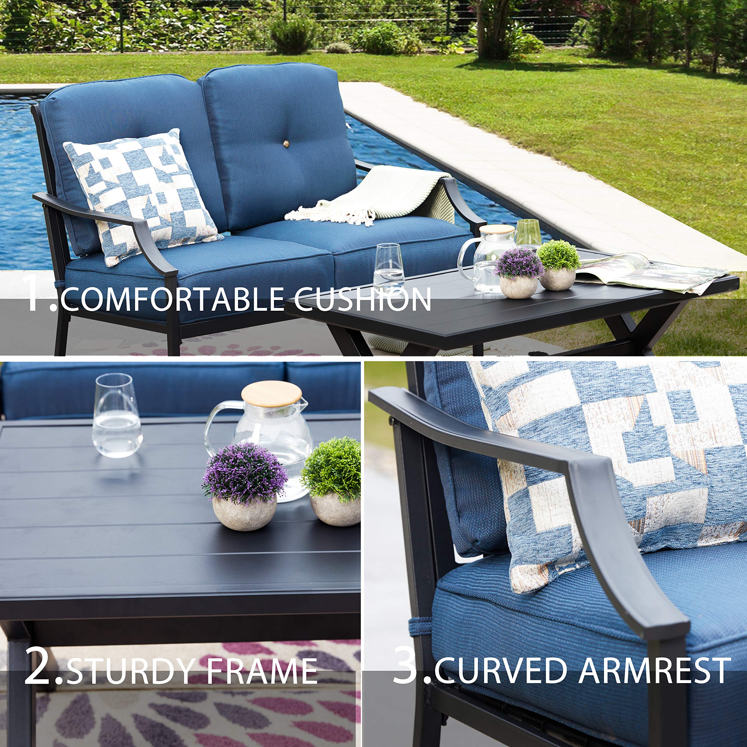 LOKATSE HOME 2-Piece Outdoor Patio Conversation Set - Metal Bench Sofa Loveseat with Cushions & Coffee Table in Blue - Perfect for Garden, Backyard, Poolside or Terrace Relaxation