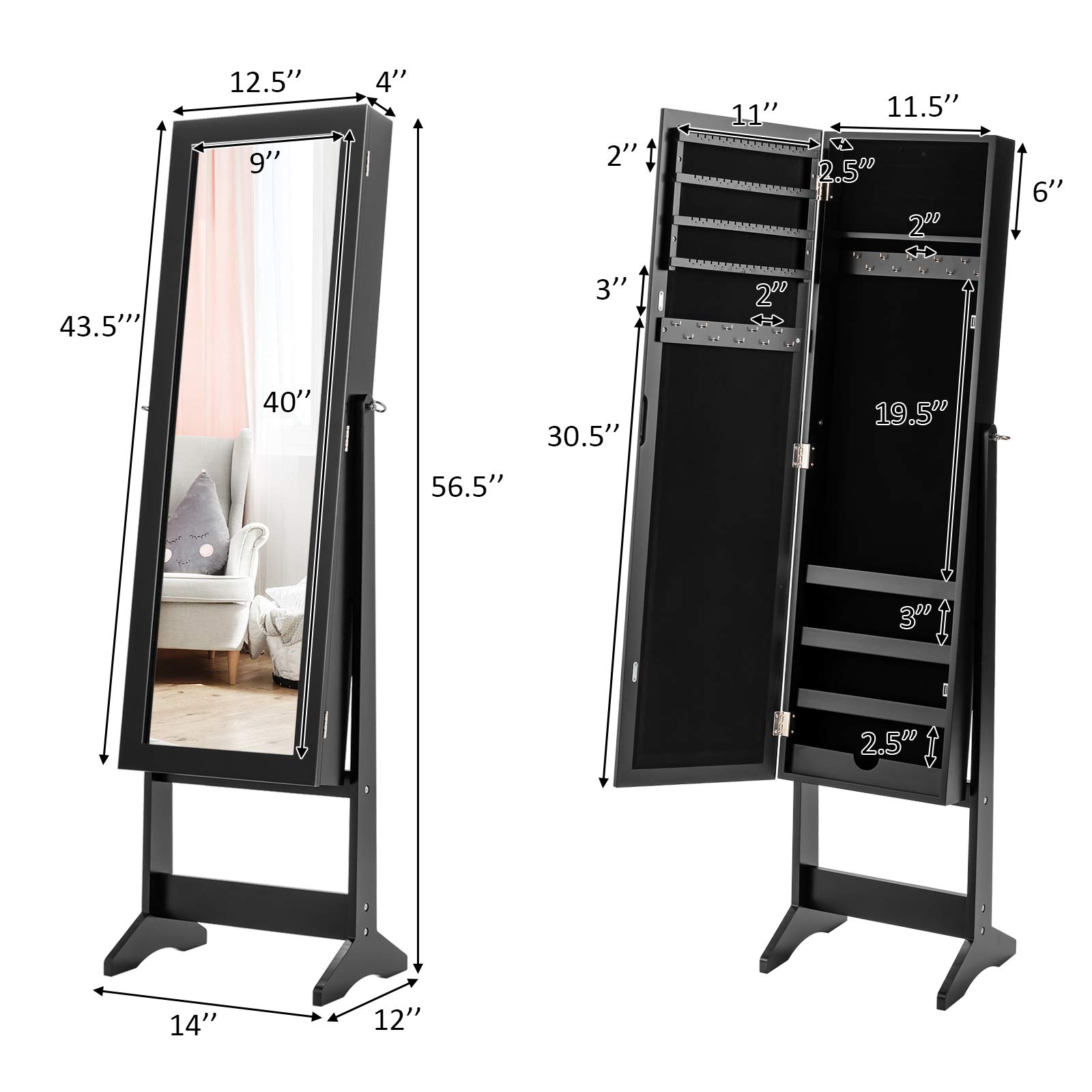 GOFLAME Jewelry Cabinet Organizer with Full Length Mirror Door - Freestanding Makeup Mirror Storage with Large Capacity for Necklaces, Rings & Accessories - Perfect for Bedroom, Closet & Dressing Room (Black)