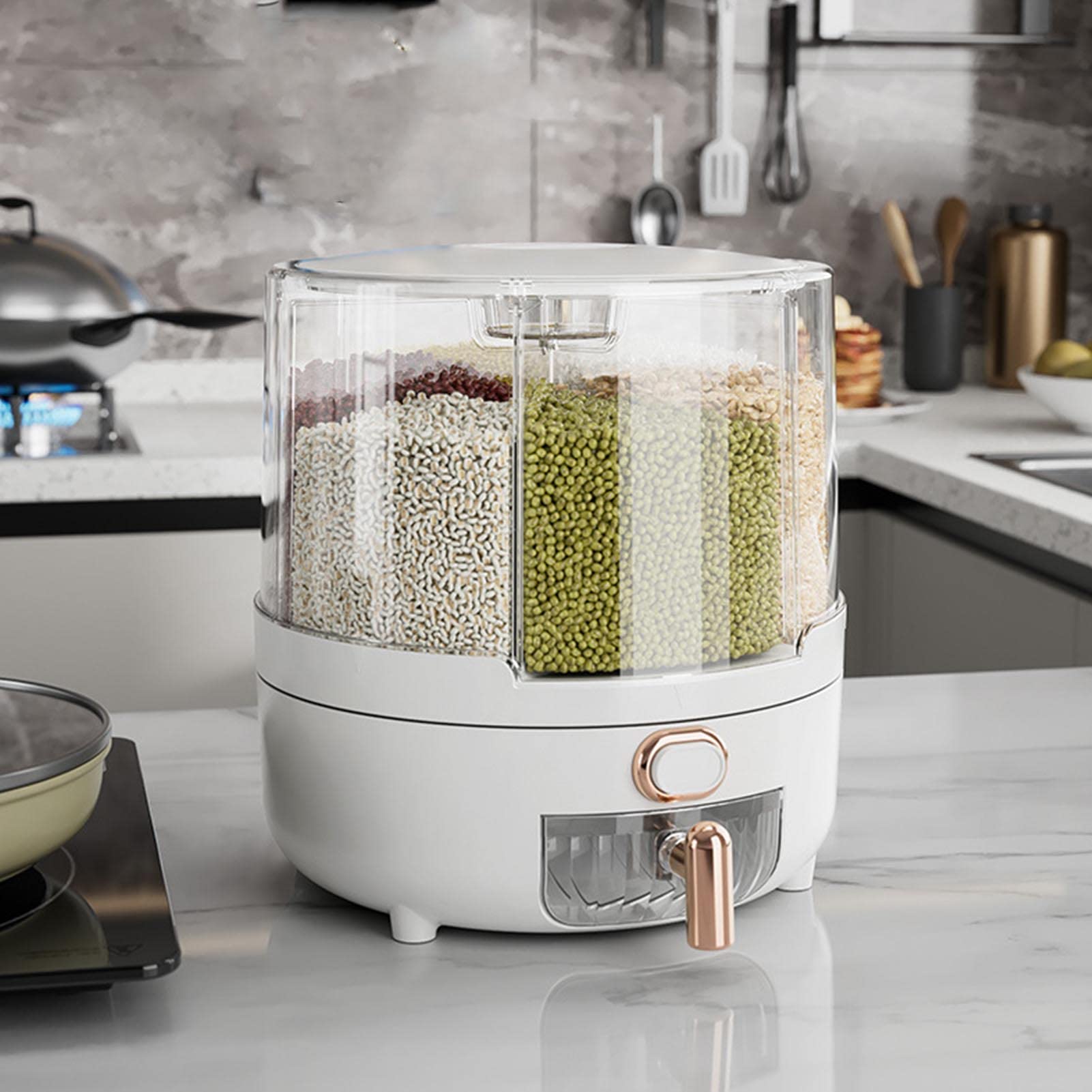 360 Degree Rotating Grain Dispenser Box - PP Plastic Kitchen Storage Container for Rice, Beans & Dry Food | Airtight Grain Storage Solution for Pantry Organization | Perfect for Rice, Cereal, Pasta & Bulk Food Storage (M-White)