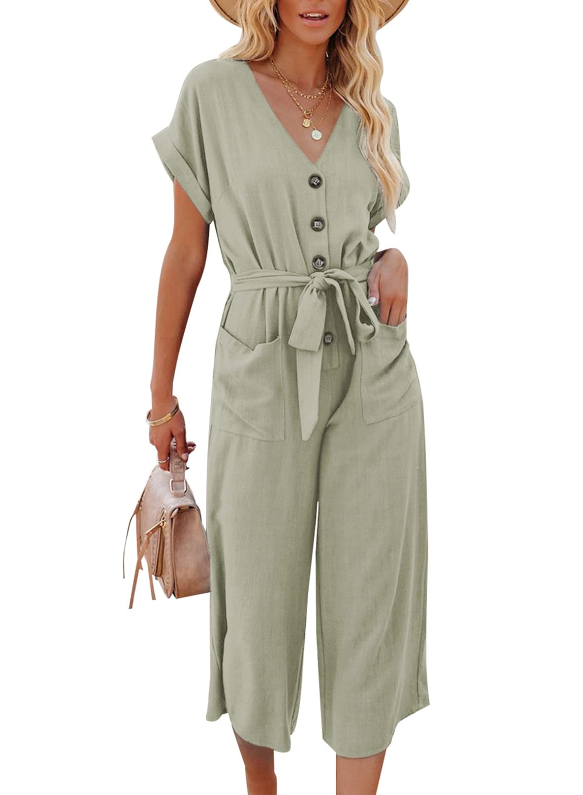 ROSKIKI Women's V-Neck Short Sleeve Jumpsuit with Belt & Pockets - Casual Wide Leg Romper for Summer, Travel, and Beach Outings