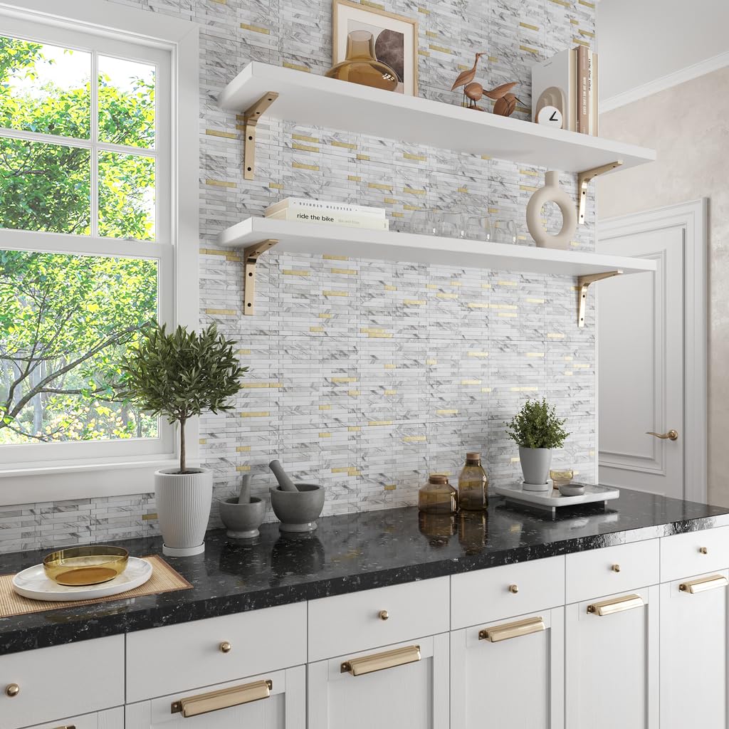 Peel & Stick Backsplash Wall Tile - 10 White & Gold Faux Marble Self-Adhesive Sheets (11.8