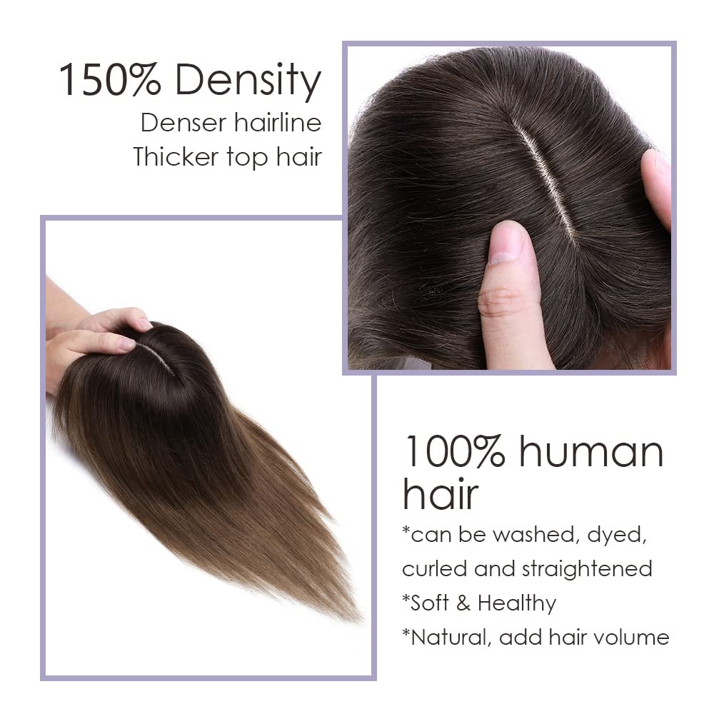 MY-LADY Human Hair Toppers for Women - 150% Density Remy Hair Silk Base Clip-in Hairpiece (7x13cm) with Bangs - Straight 12