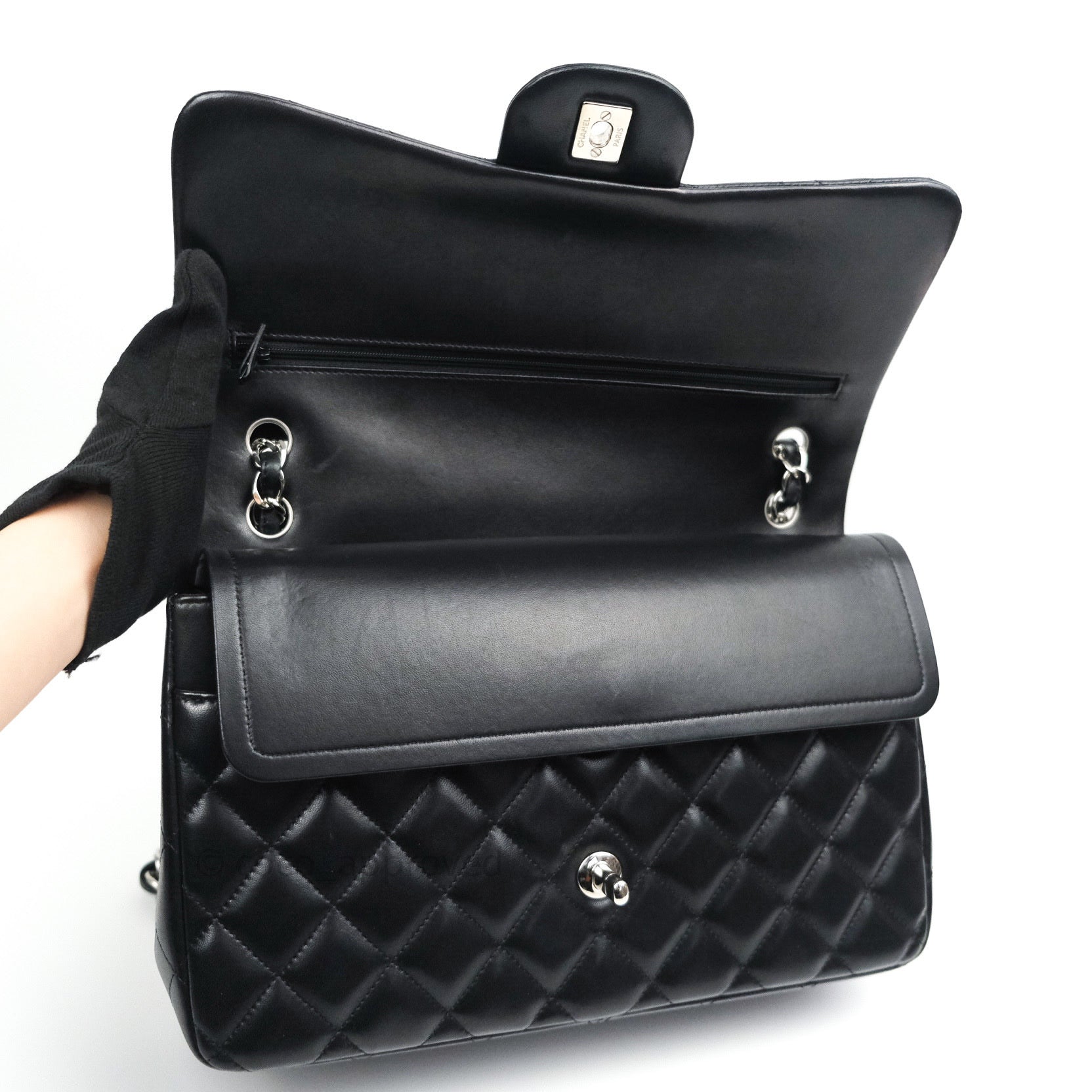 Chanel Classic Jumbo Double Flap Bag Black Lambskin Leather with Silver Hardware - Luxury Designer Handbag for Women, Perfect for Evening Events & Special Occasions