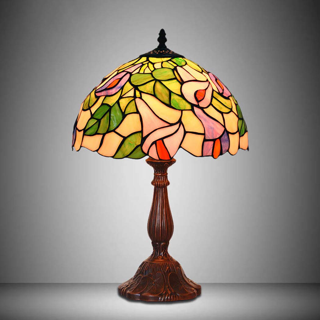 Tiffany Style Table Lamp - 12 Inch Handmade Art Glass Floral Lampshade Bedside Desk Lamp for Living Room & Bedroom - Perfect for Reading Nook, Nightstand, or Home Office Decor