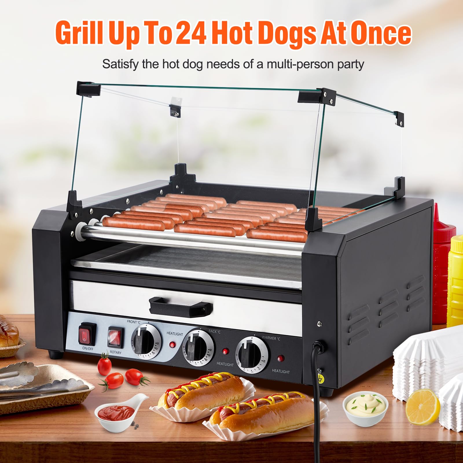 GARVEE 1650W Commercial Hot Dog Roller Machine - 9 Stainless Steel Rollers, 24 Hot Dog Capacity, Dual Temperature Control for Restaurants, Food Trucks, and Events
