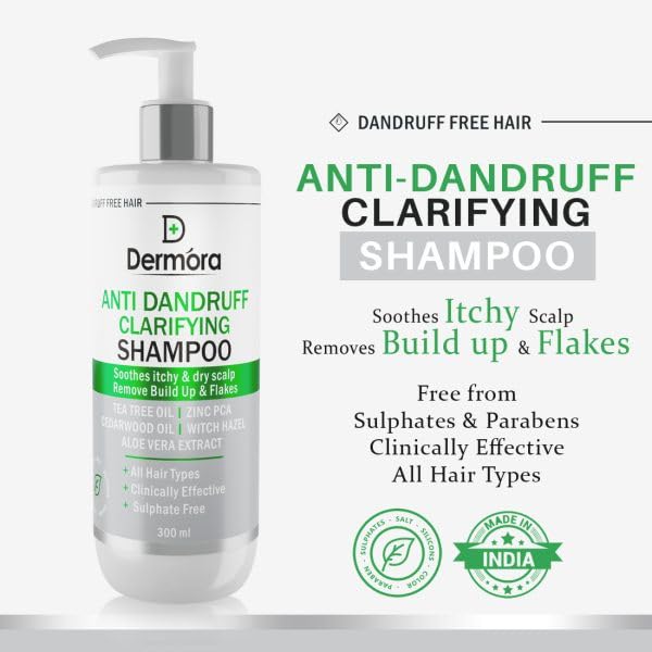 Dermora Anti-Dandruff Clarifying Shampoo 300ml - Sulfate & Paraben Free with Tea Tree Oil, Zinc, Witch Hazel & Aloe Vera - Reduces Dandruff & Flakes, Soothes Itchy Scalp - Perfect for Daily Use & Sensitive Scalp Care