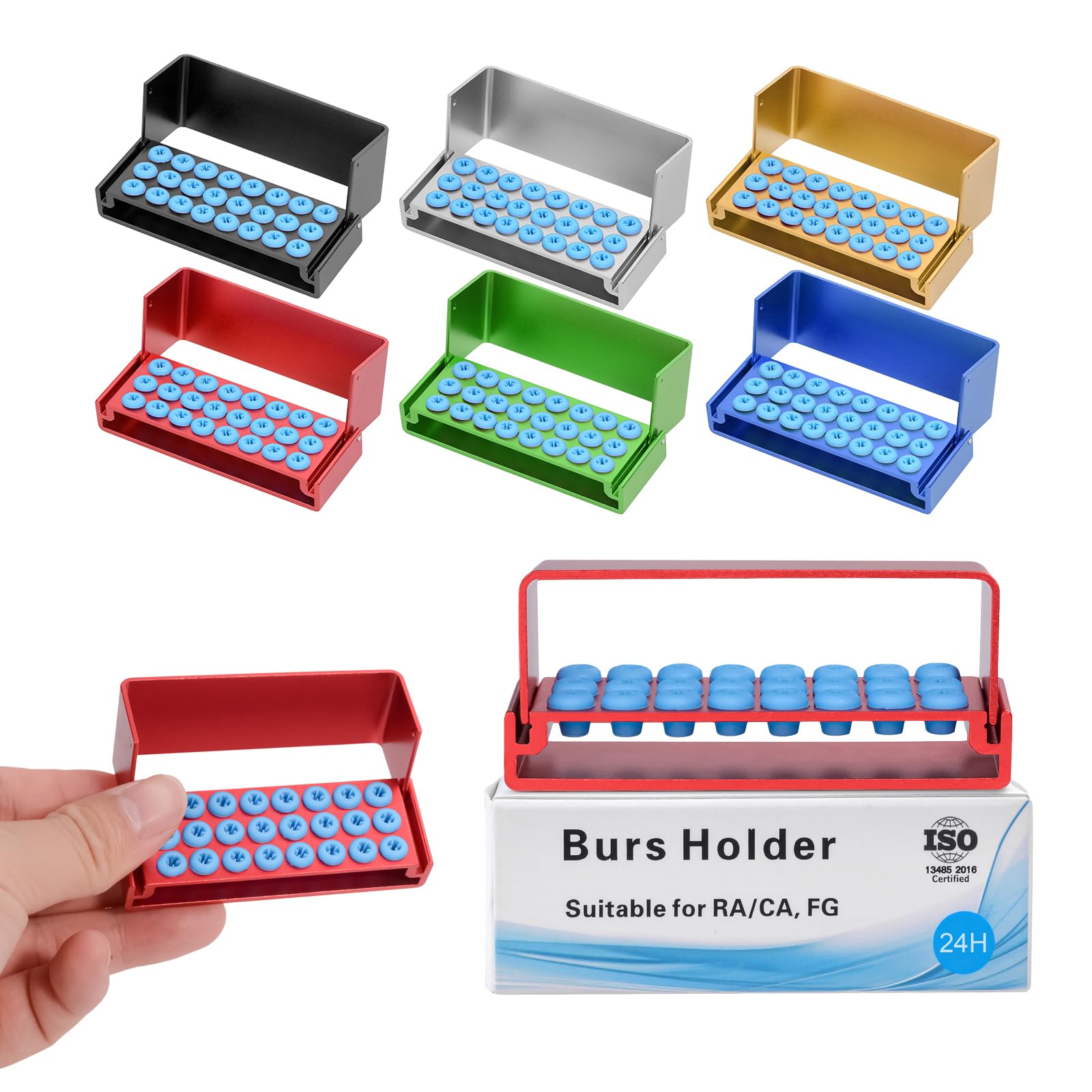 7-Piece Colorful Endo Box with Cover - Organizer for 24-Hole Bur Holder Tips, Sterilizer Case - Perfect for Dental Clinics & Lab Organization