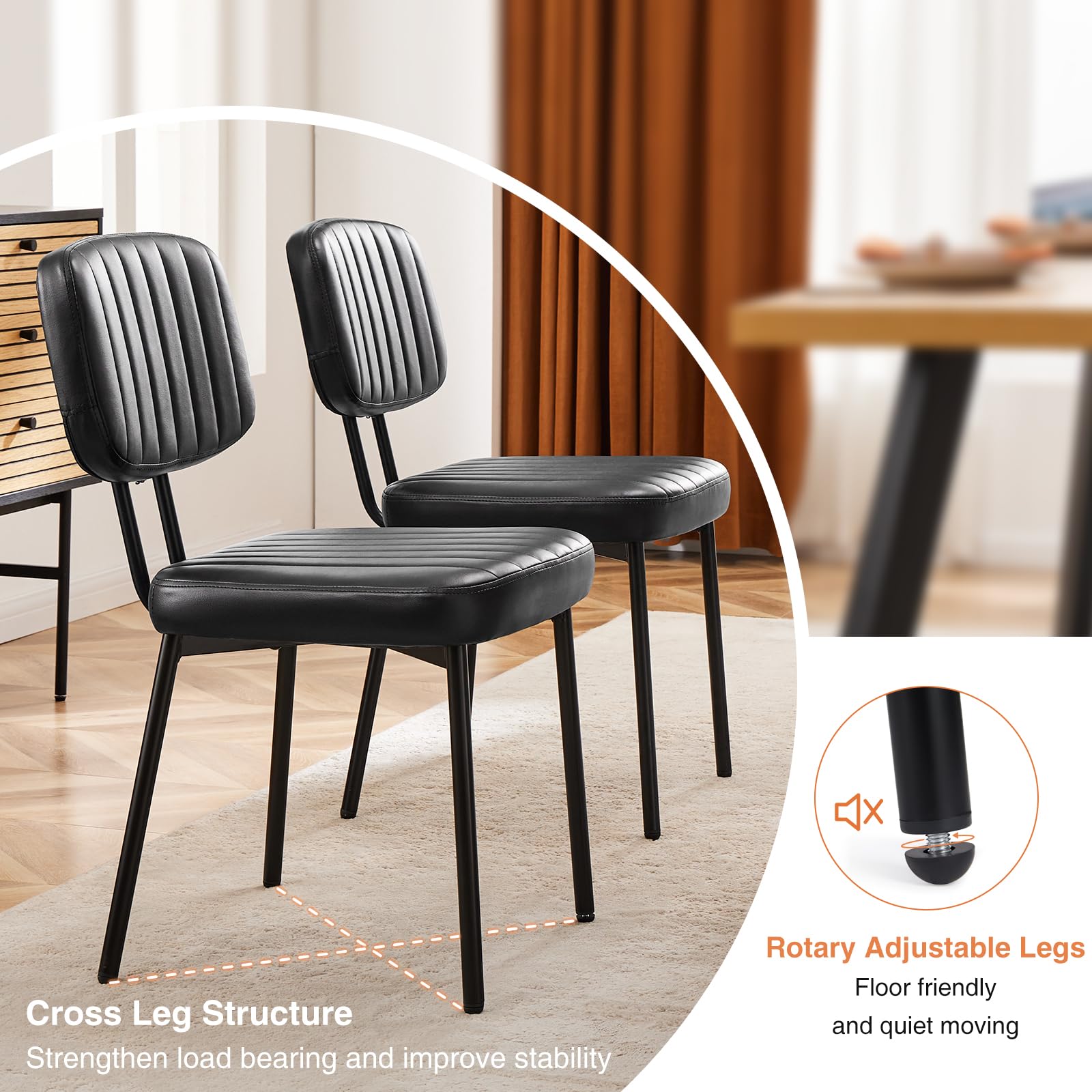 Sweetcrispy Mid Century Modern Dining Chairs Set of 4 - Upholstered Faux Leather Seat & Metal Legs Accent Chairs for Kitchen, Dining Room, Living Room - Black - Perfect for Modern Home Decor, Dinner Parties & Cozy Gatherings