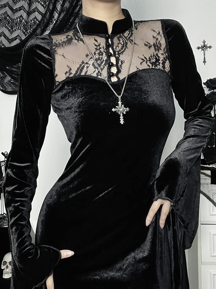 LANSHULAN Long Flare Sleeve Vintage Lace Cutout Black Split Goth Dress for Women | Elegant Evening Party, Date Night & Gothic Fashion Outfit