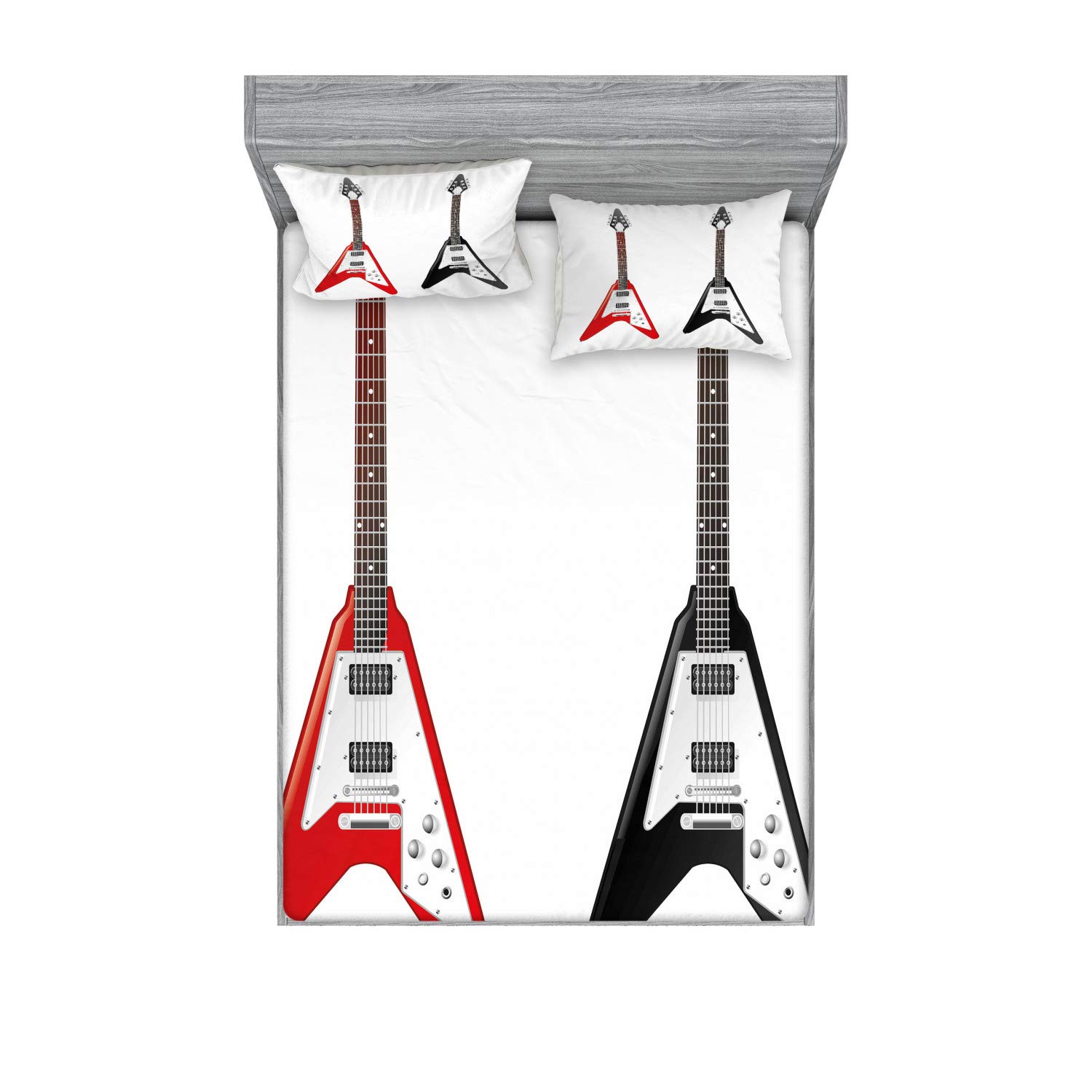 Ambesonne Guitar Printed 3-Piece Queen Bedding Set - Musical Instrument V-Shaped Design with Rock & Roll Strings - Fitted Sheet & Pillow Shams - Multicolor Decor for Music Lovers' Bedroom
