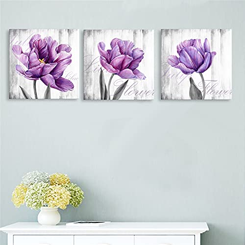 Purple Gray Floral Wall Art Set - 3 Piece Lilac Tulip Canvas Paintings for Bedroom & Living Room Decor, Framed Flower Pictures (12x12 Inch) | Perfect for Home, Office & Gift Giving