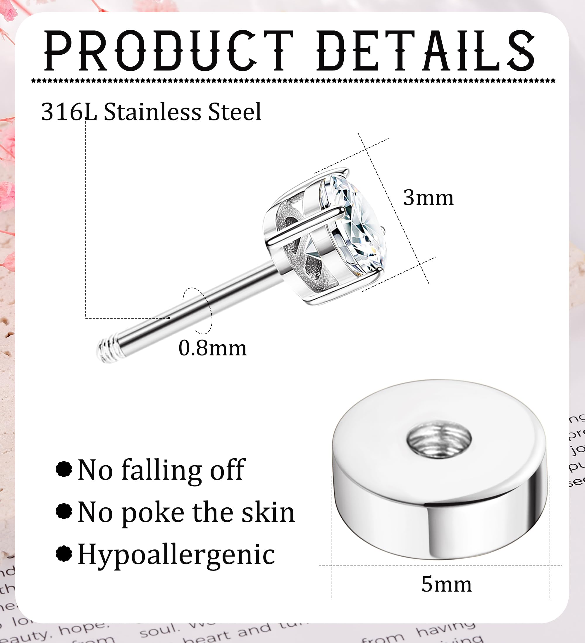 Hypoallergenic Flat Back Stud Earrings for Women & Girls - 20G Surgical Steel Cartilage Earrings | Handmade Screw Back Earrings for Sensitive Ears | Perfect for Daily Wear, Work & Special Occasions
