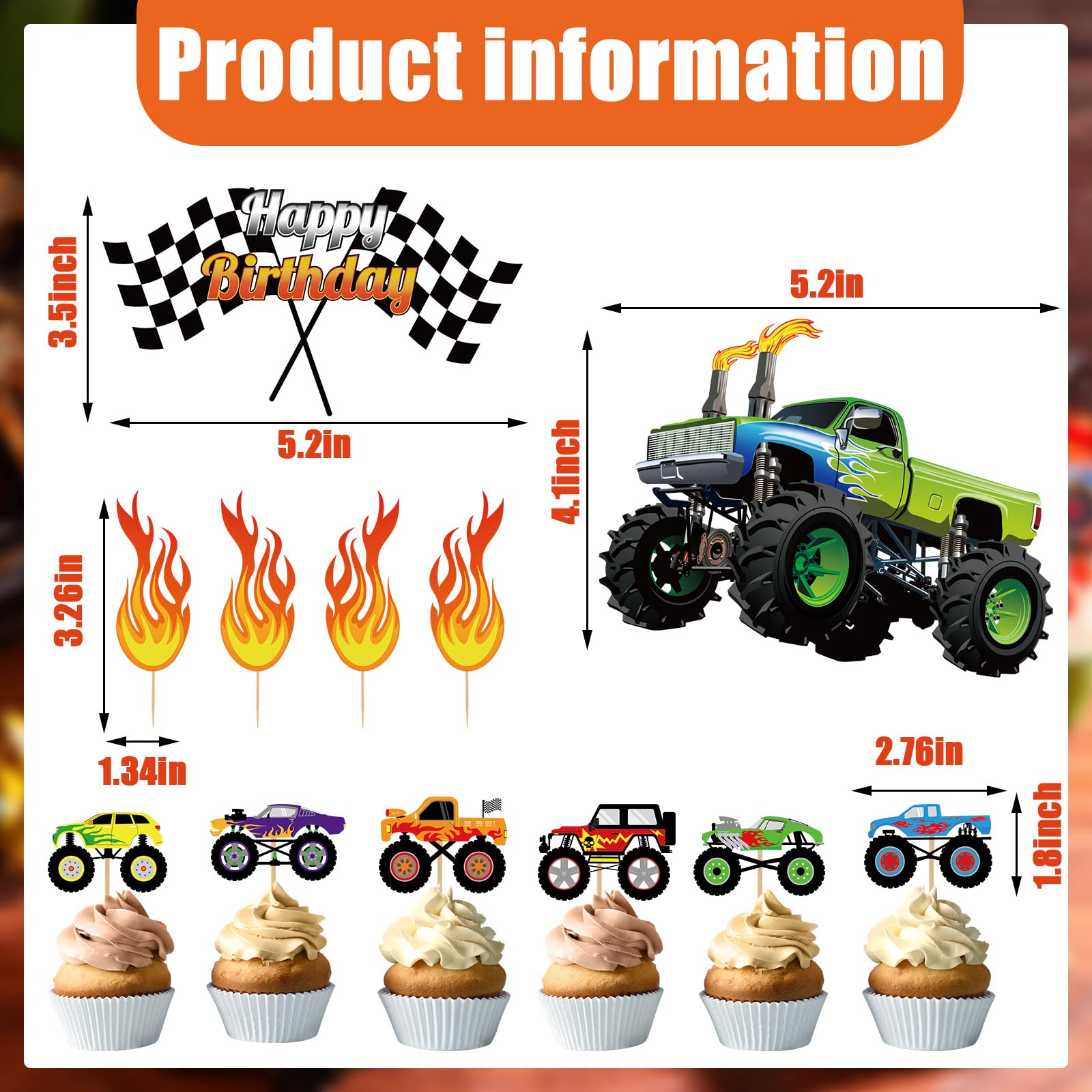 **48 Pcs Truck Cake Toppers - Race Car Birthday Party Decorations, Cupcake Toppers for Kids, Baby Shower, Blaze & The Monster Machines Theme - Perfect for Birthday Cakes, Cupcakes, and Party Favors**
