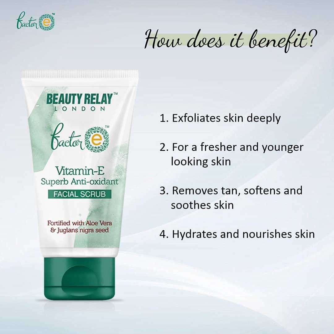BEAUTYRELAY LONDON Vitamin E Antioxidant Facial Scrub - Whitening & Brightening Exfoliator for Dull Skin - Removes Tan & Sun Damage - 180g - Reveal Youthful Glow for Daily Skincare Routine