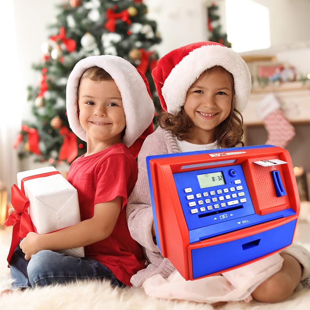 Digital ATM Piggy Bank for Kids - Talking Electronic Money Coin Bank with Savings Function, Fun Educational Gift for Boys & Girls (Red/Blue) - Perfect for Birthday Presents, Financial Learning & Playtime