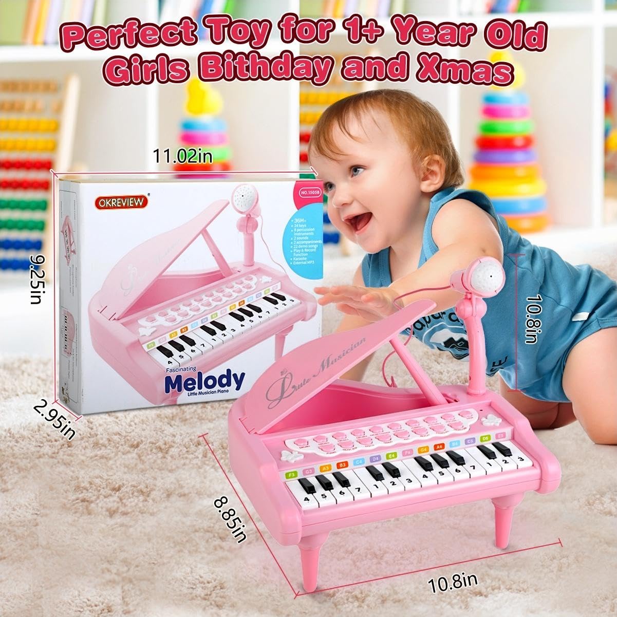 24-Key Toddler Piano Keyboard Toy with Microphone & Musical Notes - Educational Musical Instrument Gift for 1-3 Year Old Girls & Boys - Perfect for Birthday, Christmas & Early Childhood Music Learning