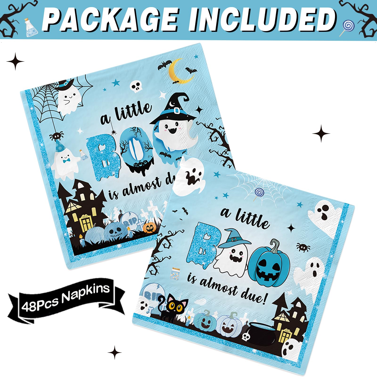 48Pcs Little Boo Baby Shower Napkins - Blue Halloween Themed Party Decorations for Baby Boy | Perfect for Baby Shower, Halloween Party & Gender Reveal Celebrations