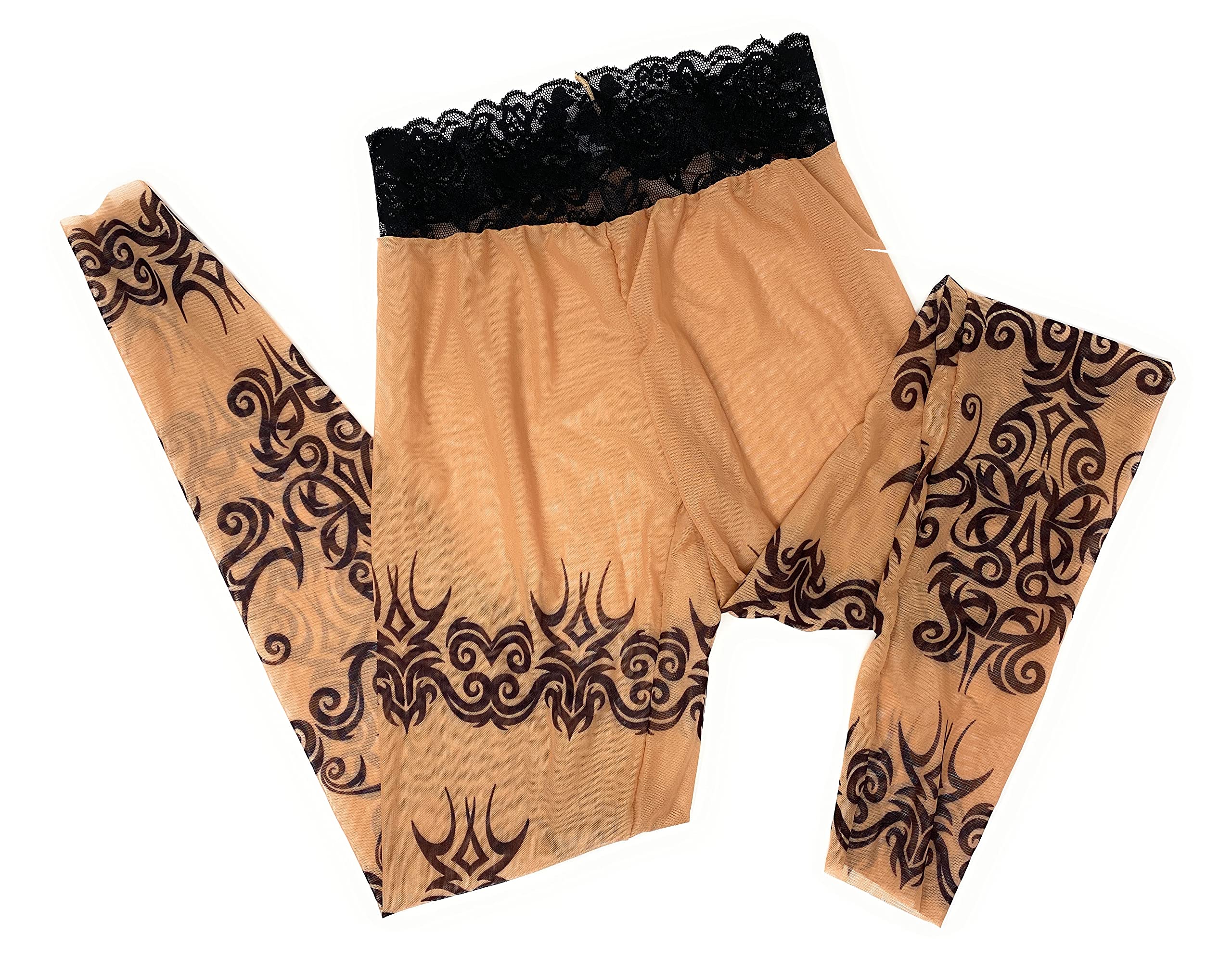 Wild Rose Ladies Mehndi Tattoo Mesh Leggings - Henna Blackwork Tan Floral Design Tights for Women - Perfect for Yoga, Dance, and Boho Fashion Outfits