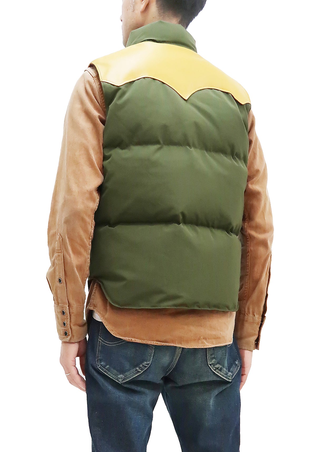 Men's Sugar Cane Down Vest with Leather Yoke Panel - Winter Warm Puffer Vest SC15222 in Olive/Camel - Outdoor Activities & Casual Wear