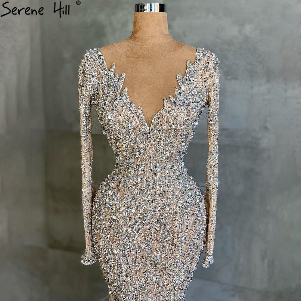Elegant Muslim Nude Mermaid Evening Dresses for Women 2025 - Luxury Beaded Feather Gowns for Parties, Weddings & Special Occasions