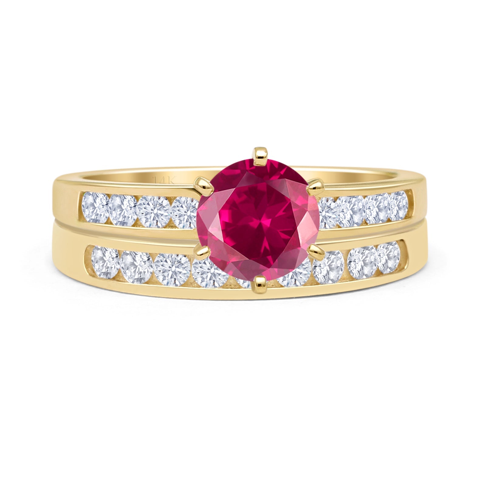 14K Yellow Gold Two Piece Half Eternity Round Ruby CZ Cathedral Wedding Ring Set - Elegant Bridal Jewelry for Engagement, Anniversary & Special Occasions
