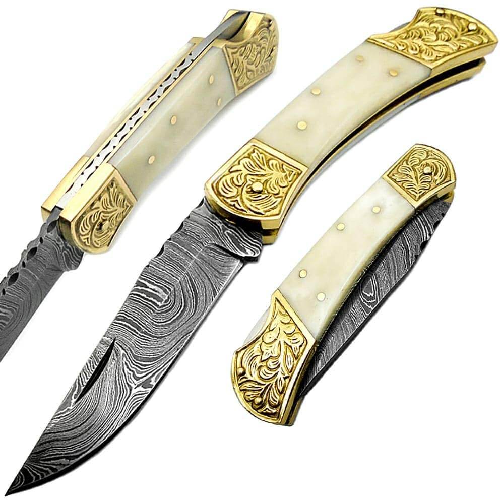 Handmade Damascus Folding Pocket Knife with Camel Bone Handle - 7.5