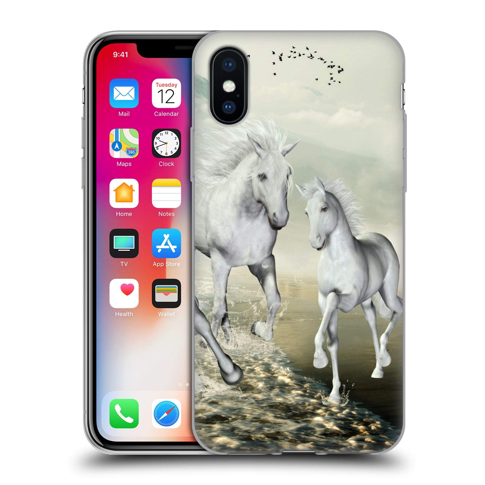 Officially Licensed Simone Gatterwe White Horses on The Beach Soft Gel Phone Case - Compatible with Apple iPhone X/Xs - Durable Protective Cover for Beach Vacations & Summer Outings