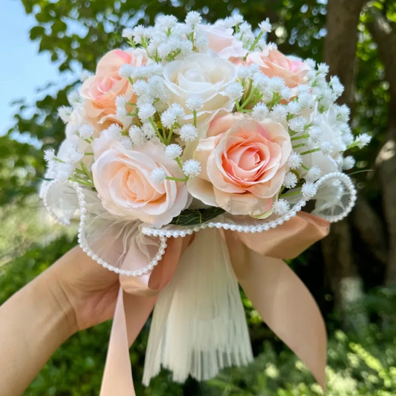 Elegant Silk Rose Bridal Bouquet with Pearl & Lace Accents - Perfect for Weddings, Bridesmaids & Anniversary Celebrations